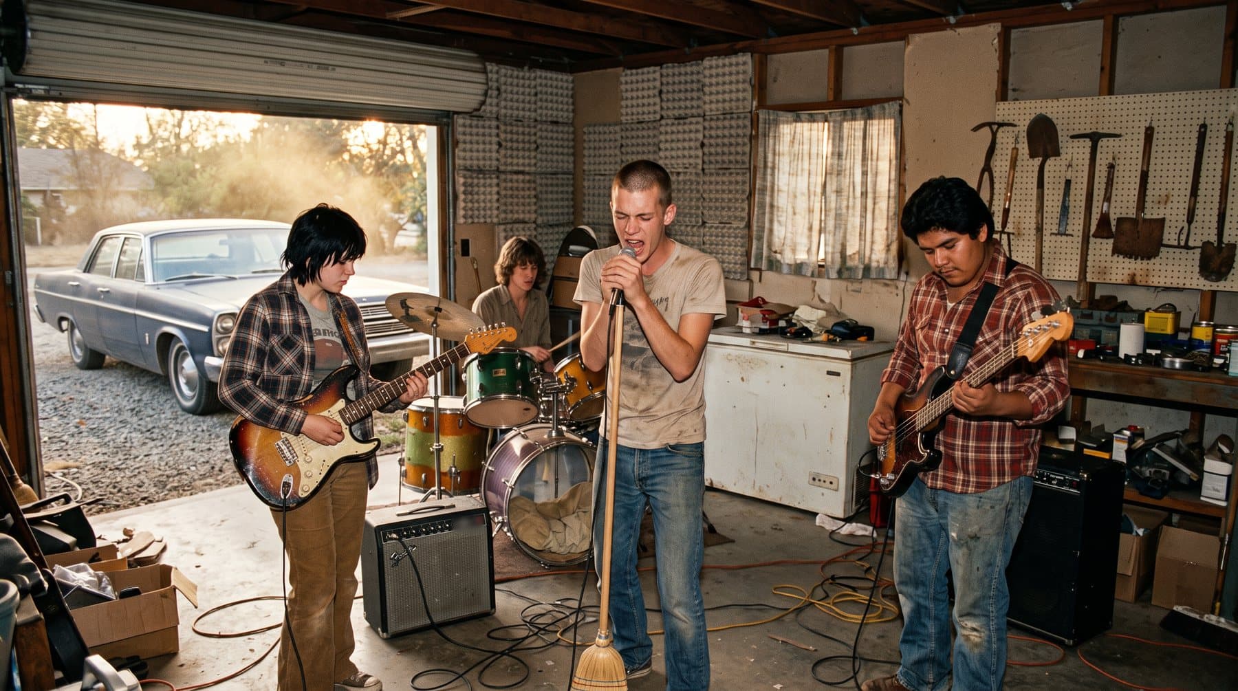 Four young musicians rehearsing in a cluttered suburban garage