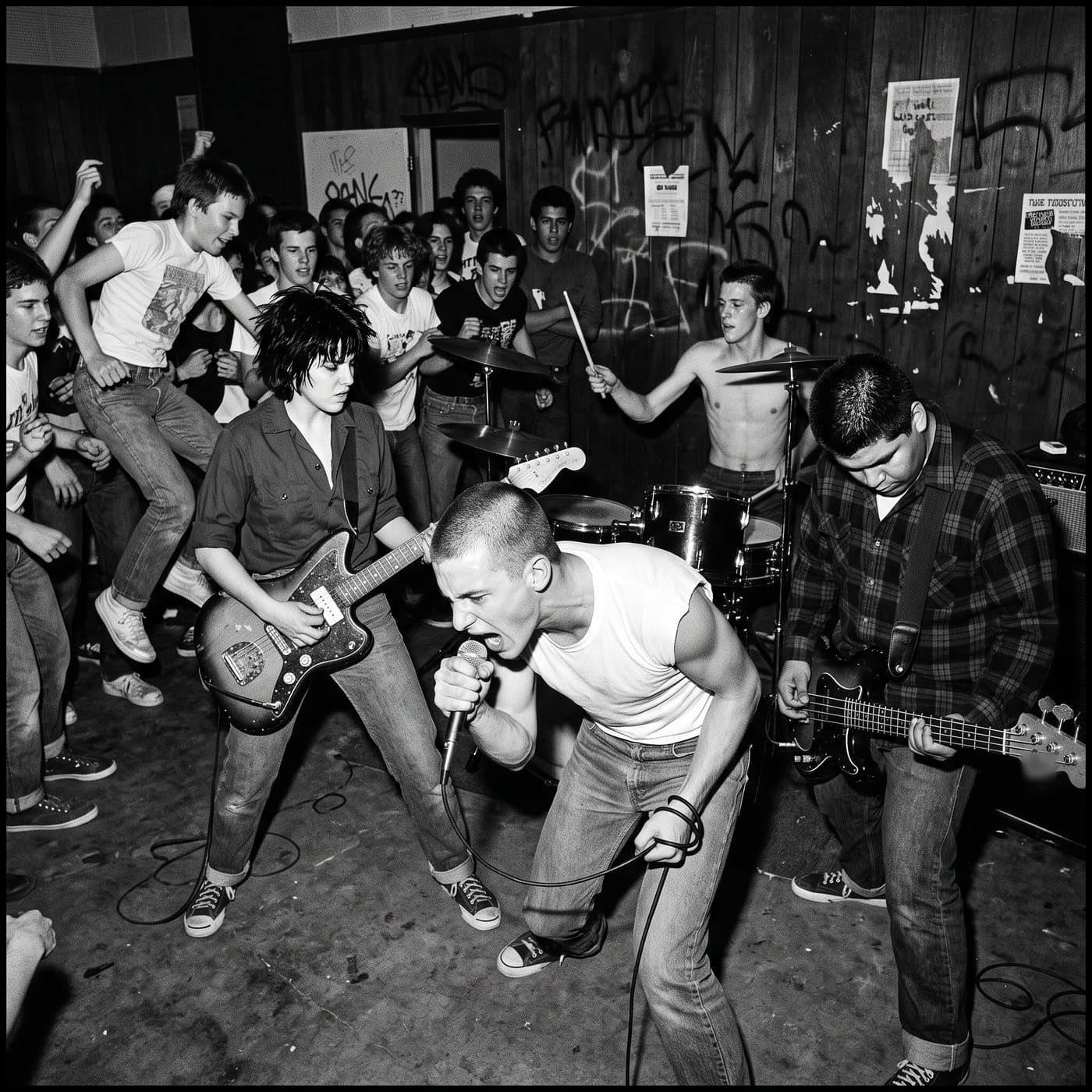The four members of the band playing in a small crowded room, flash photograph