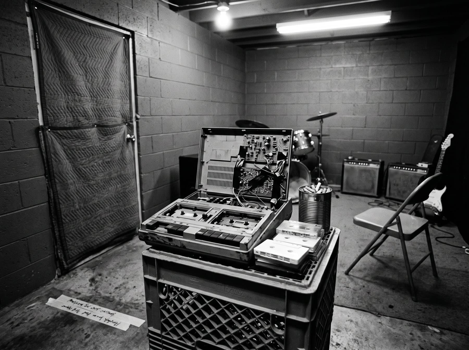 A four-track cassette recorder on a milk crate in a cramped rehearsal room